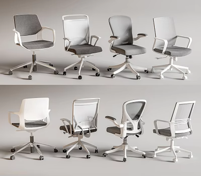 Different Design Office Chairs in Gray and White with Armrests and Swivel Bases 3d model