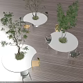 Round White Outdoor Tables With Center Plants On Wooden Deck And Chairs