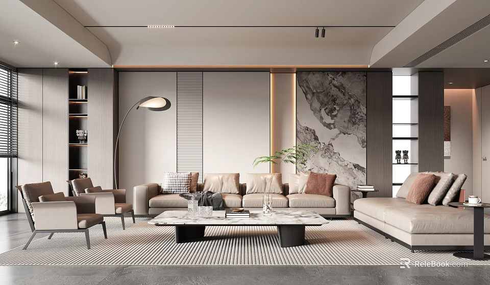 Modern Elegant Living Room With Neutral Sofa Armchairs Coffee Table Floor Lamp And Decorative Painting 3d model 