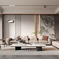 Modern Elegant Living Room With Neutral Sofa Armchairs Coffee Table Floor Lamp And Decorative Painting