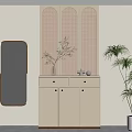 Light Beige Shoe Cabinet With Arched Woven Panels Mirror And Potted Plant