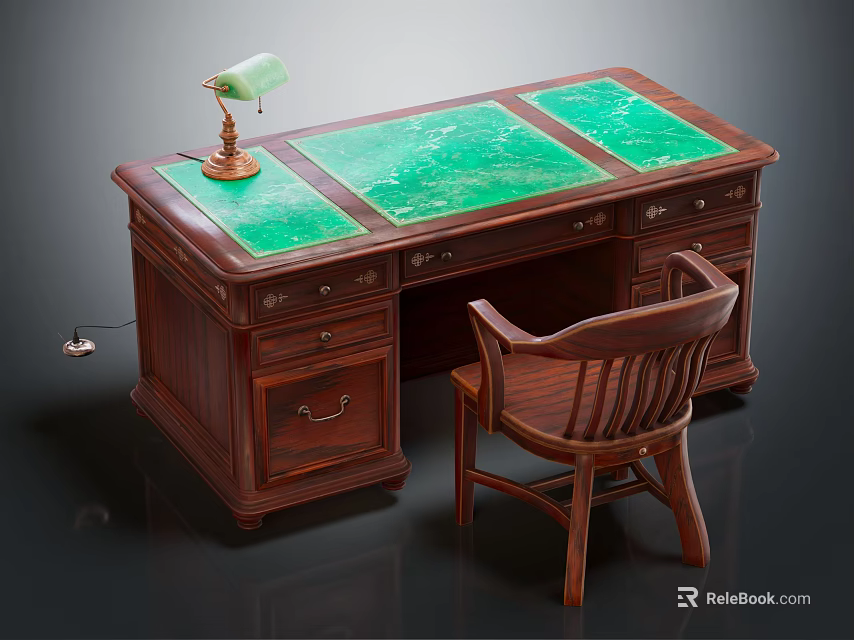 Vintage Wooden Desk With Green Marble Top Brass Table Lamp And Wooden Chair 3d model 