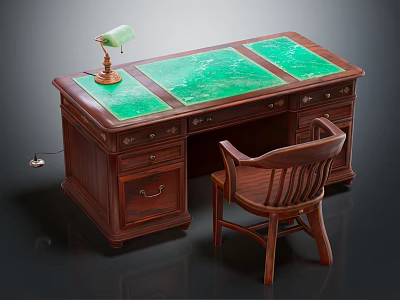 Vintage Wooden Desk With Green Marble Top Brass Table Lamp And Wooden Chair 3d model