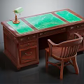 Vintage Wooden Desk With Green Marble Top Brass Table Lamp And Wooden Chair