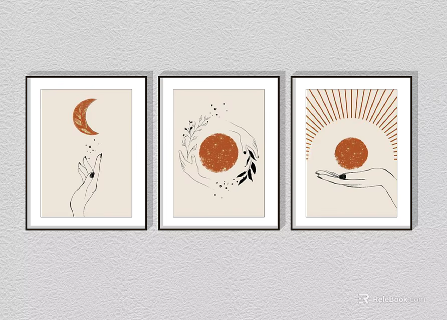 Three Piece Minimalist Wall Art Featuring Moon Sun Hand and Leaf Motifs 3d model 