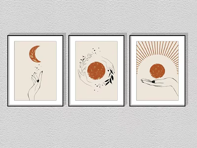 Three Piece Minimalist Wall Art Featuring Moon Sun Hand and Leaf Motifs 3d model