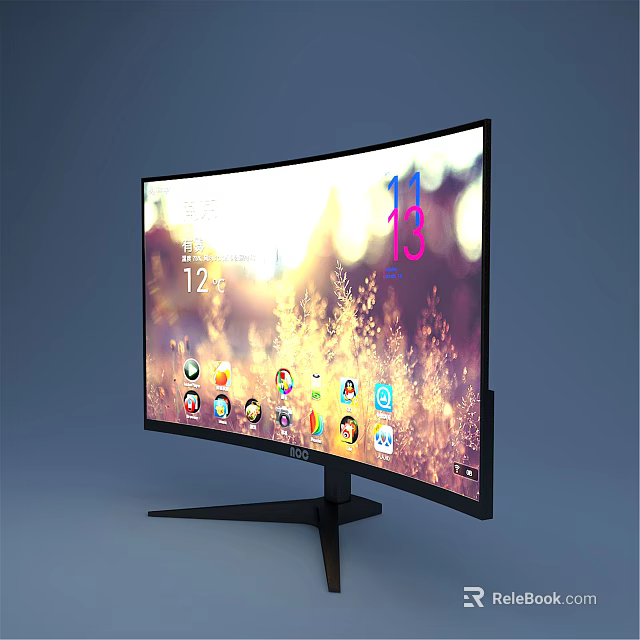 Modern Curved Computer Monitor With App Icons Scenic Background Black Stand 3d model 