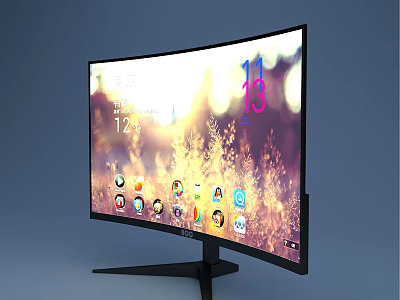Modern Curved Computer Monitor With App Icons Scenic Background Black Stand 3d model