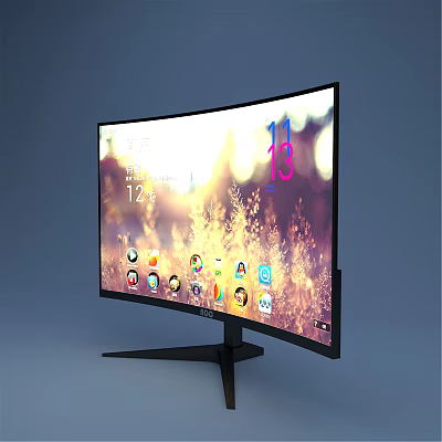 Modern Curved Computer Monitor With App Icons Scenic Background Black Stand 3d model