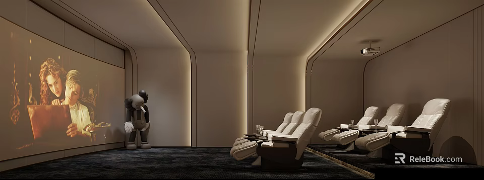 Modern Luxury Home Theater Interior With Plush Seating Mirror Decor And Ambient Lighting 3d model 