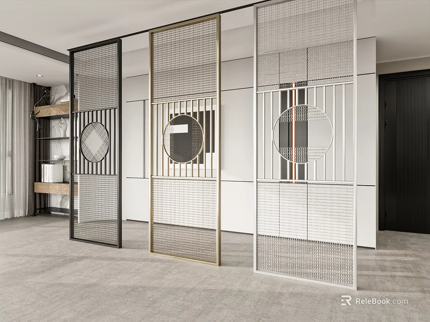 Modern Room Dividers With Grid Design And Circular Motifs In Black Gold White 3d model 