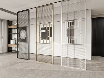 Modern Room Dividers With Grid Design And Circular Motifs In Black Gold White 3d model