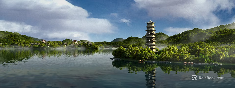 Scenic Lake And Pagoda Amid Green Mountains Reflection 3d model 