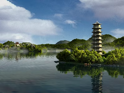 Scenic Lake And Pagoda Amid Green Mountains Reflection 3d model