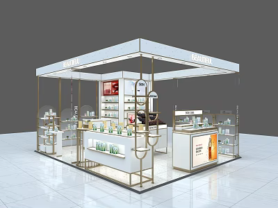 Modern Beauty Store Interior With White Gold Decor Counter And Product Shelves 3d model