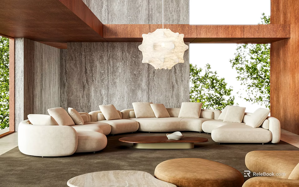 Modern Living Room Interior With Beige Sectional Sofa Wooden Beam And Gray Textured Wall 3d model 