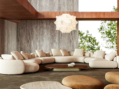 Modern Living Room Interior With Beige Sectional Sofa Wooden Beam And Gray Textured Wall 3d model