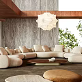 Modern Living Room Interior With Beige Sectional Sofa Wooden Beam And Gray Textured Wall