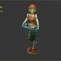 Red Haired Character In Orange Vest Carrying Blue Tray With Food And Drinks