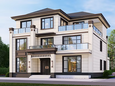 Two Story Modern Chinese Single Family Villa With White Exterior Black Roof Balconies Glass Windows 3d model