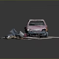 Abandoned Damaged Car With Pink Orange Paint Surrounded By Trash And Debris