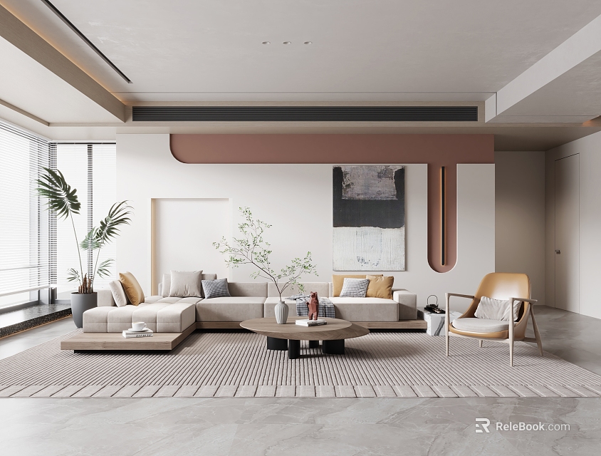 Modern Living Room Interior With Sectional Sofa Area Rug Accent Chair And Potted Plants 3d model 