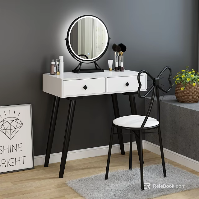 White And Black Dressing Table With Illuminated Round Mirror Drawers And Side Chair 3d model 