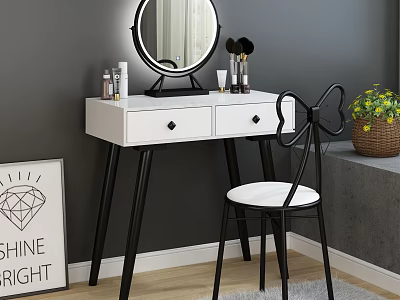 White And Black Dressing Table With Illuminated Round Mirror Drawers And Side Chair 3d model
