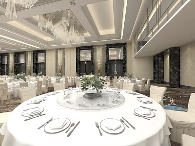 Modern Luxurious Banquet Hall With Round Tables White Tablecloths Chandeliers And Green Centerpieces 3d model