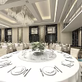 Modern Luxurious Banquet Hall With Round Tables White Tablecloths Chandeliers And Green Centerpieces