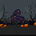 Halloween Scene With Purple Haunted House Pumpkins Spider Webs And Witch Hats