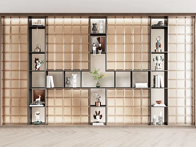 Modern Display Cabinet With Multiple Shelves Rattan Grid Background Featuring Small Figurines Vases And Books 3d model