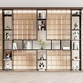 Modern Display Cabinet With Multiple Shelves Rattan Grid Background Featuring Small Figurines Vases And Books