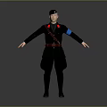 Uniformed Character In Black Uniform With Red Epaulets Blue Armband Brown Belt And Outstretched Arms