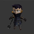 Stylized Game Character With Dark Armor Yellow Accents And Sharp Expression Holding Weapon 3d model