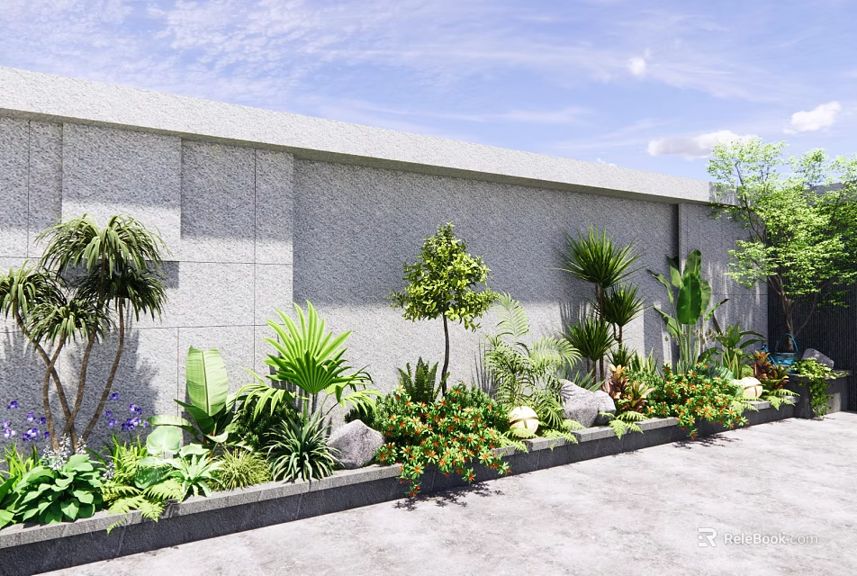 Lush Green Plants and Flowers Along Modern Gray Wall with Stones and Trees 3d model 