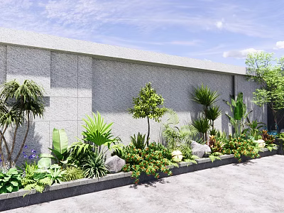 Lush Green Plants and Flowers Along Modern Gray Wall with Stones and Trees 3d model