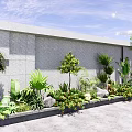Lush Green Plants and Flowers Along Modern Gray Wall with Stones and Trees