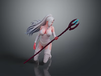 Fantasy Woman With Long White Hair In White Tight Outfit Holding Staff With Blue Accents 3d model