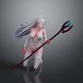Fantasy Woman With Long White Hair In White Tight Outfit Holding Staff With Blue Accents