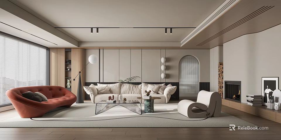 Modern Living Room Interior With Sofa Armchair Coffee Table And Ceiling Lights 3d model 