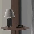 Table Lamp With Light Shade On Wooden Table By Window With Green Lawn Mountain View