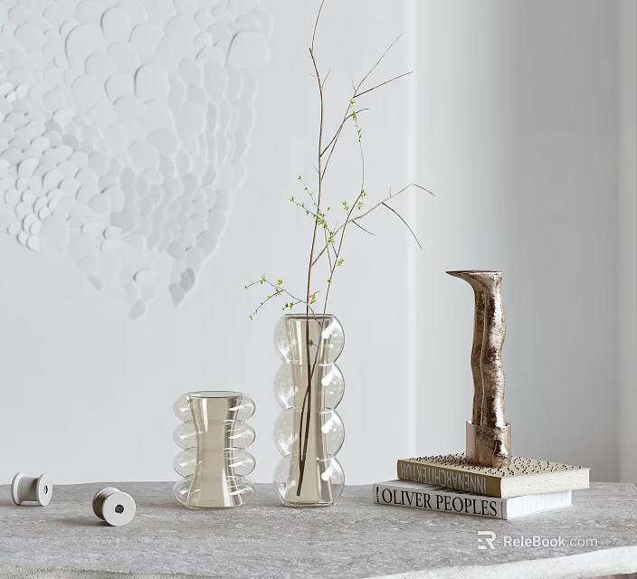 Decorative Ornament Set With Clear Glass Vase Twigs Metal Candlestick Stacked Books And Wall Decor 3d model 