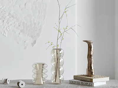 Decorative Ornament Set With Clear Glass Vase Twigs Metal Candlestick Stacked Books And Wall Decor 3d model