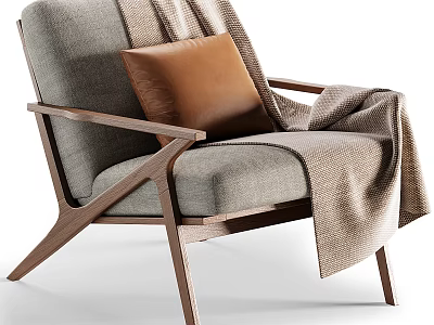 Modern Leisure Chair With Wooden Frame Gray Fabric Upholstery Brown Cushion And Beige Blanket 3d model