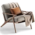 Modern Leisure Chair With Wooden Frame Gray Fabric Upholstery Brown Cushion And Beige Blanket
