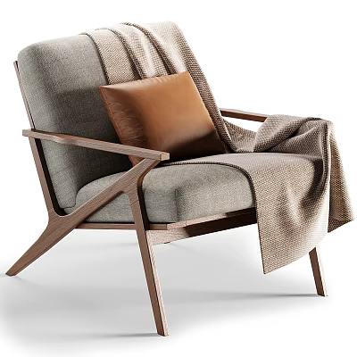 Modern Leisure Chair With Wooden Frame Gray Fabric Upholstery Brown Cushion And Beige Blanket 3d model