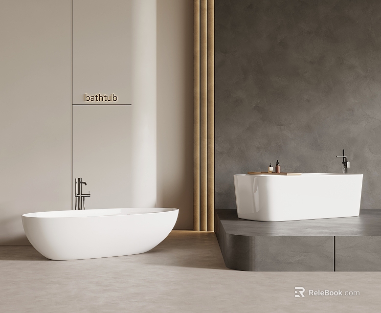 Modern Bathroom Interior With Two Stylish White Freestanding Bathtubs And Gray Walls 3d model 