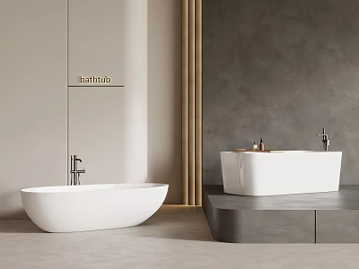 Modern Bathroom Interior With Two Stylish White Freestanding Bathtubs And Gray Walls 3d model