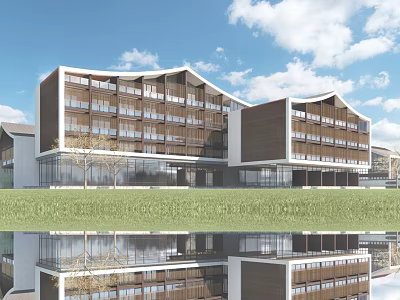 Modern Multi Story Boutique Hotel Building With Glass Facade Green Lawn And Water Reflection 3d model